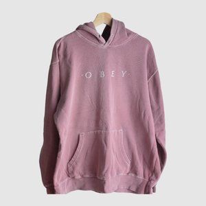 Pink Obey Hoodie – Size L, Worn-In Style, Distressed with Missing Drawstring